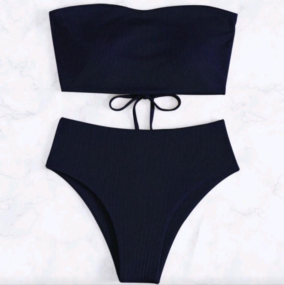 NWOT Tie Back Bandeau 2 Piece Bikini Set, L (8-10), Navy Blue